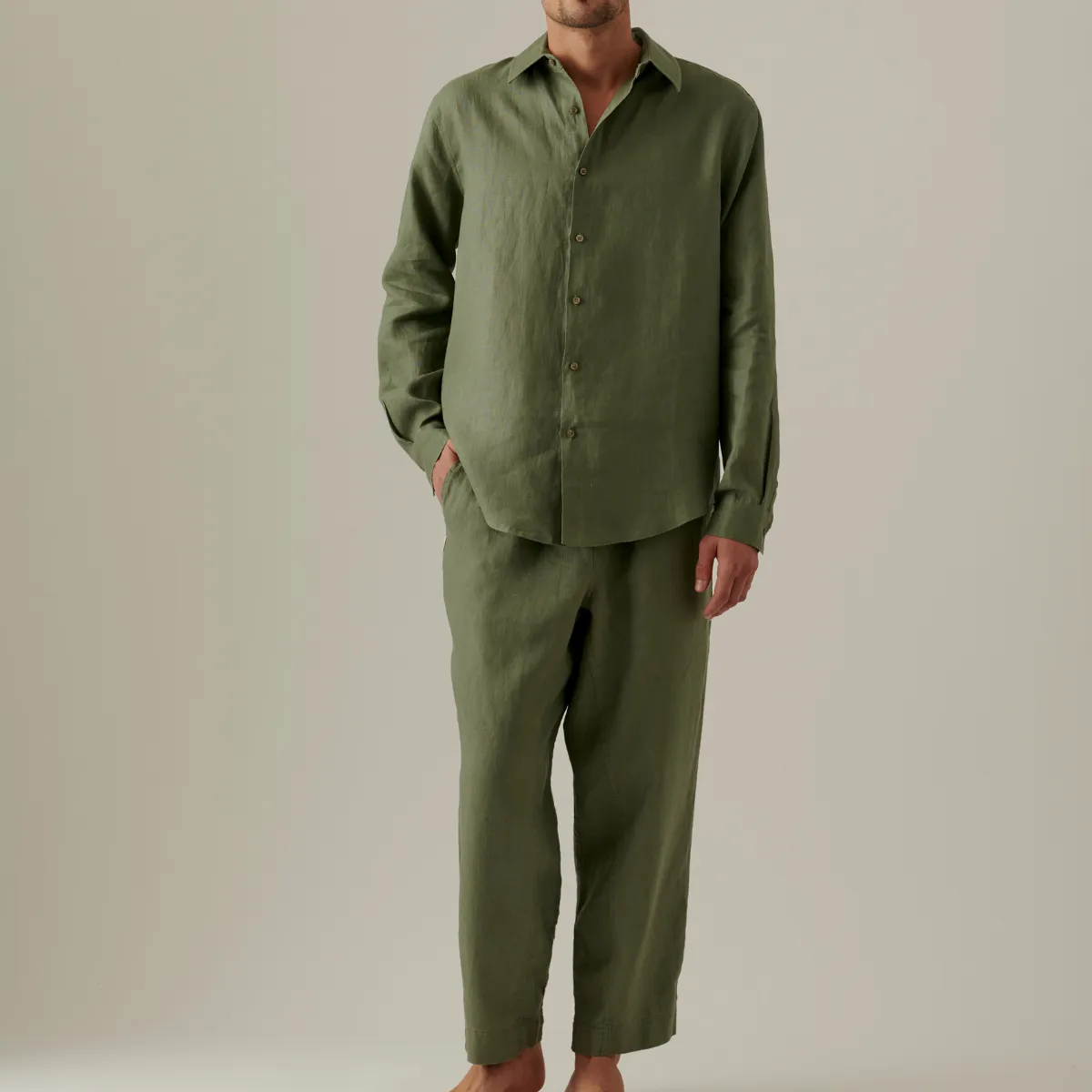 100% Linen Long Sleeve Sleepwear Set in Khaki - Mens