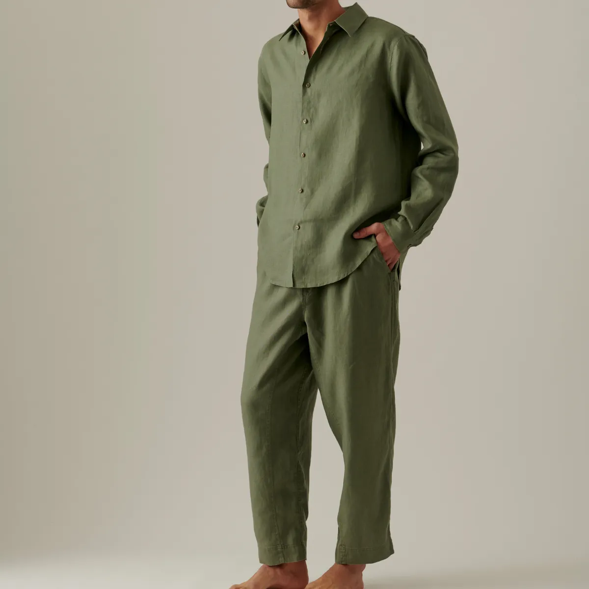 100% Linen Long Sleeve Sleepwear Set in Khaki - Mens