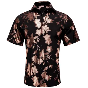 $19.99 Hi-Tie Summer Top Black Brown Floral Mens Button Up Short Sleeve Shirt