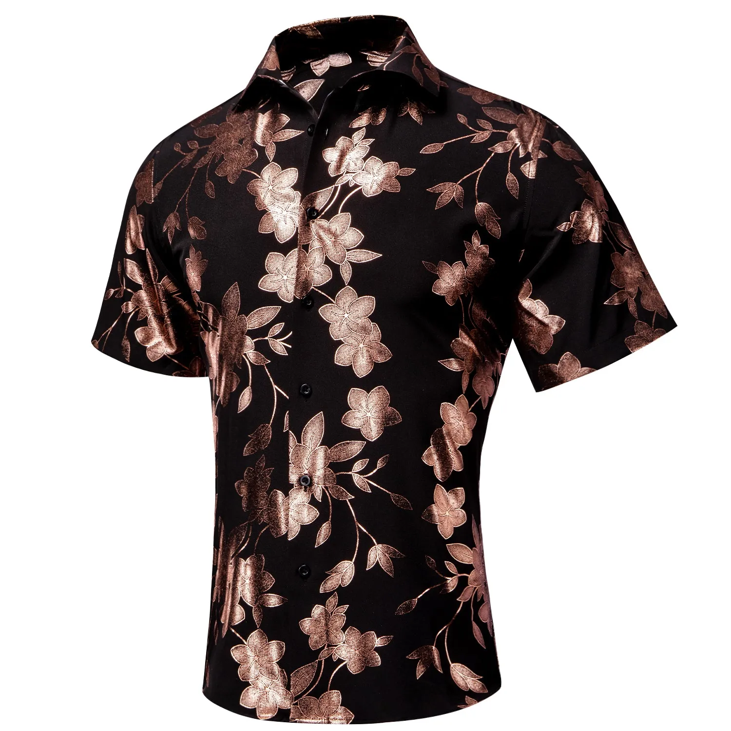 $19.99 Hi-Tie Summer Top Black Brown Floral Mens Button Up Short Sleeve Shirt