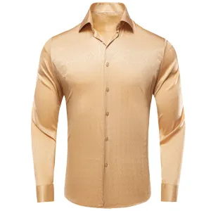 $19.99 Hi-Tie Yellow Shirt Beige Solid Silk Men's Long Sleeve Dress Shirt