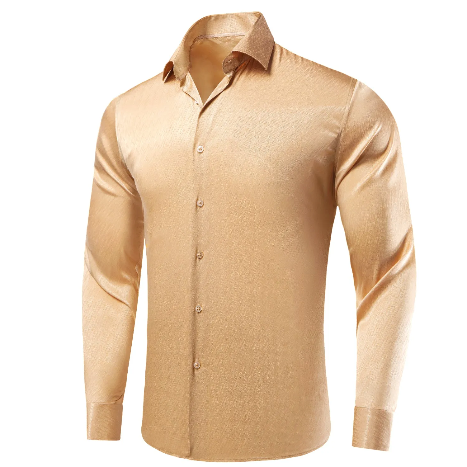 $19.99 Hi-Tie Yellow Shirt Beige Solid Silk Men's Long Sleeve Dress Shirt