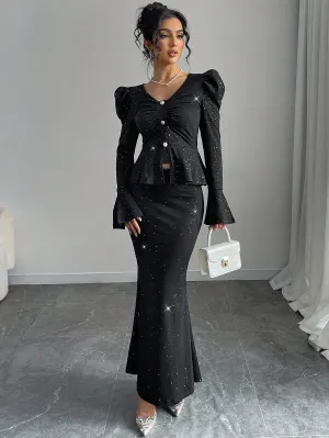 2pcs/Set Women Elegant Glittering V-Neck Ruffle Sleeve Blouse And Wrap Mermaid Skirt