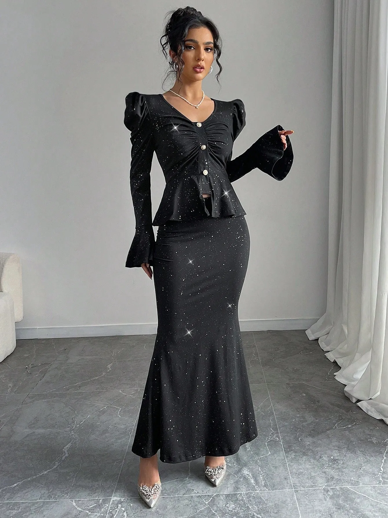 2pcs/Set Women Elegant Glittering V-Neck Ruffle Sleeve Blouse And Wrap Mermaid Skirt