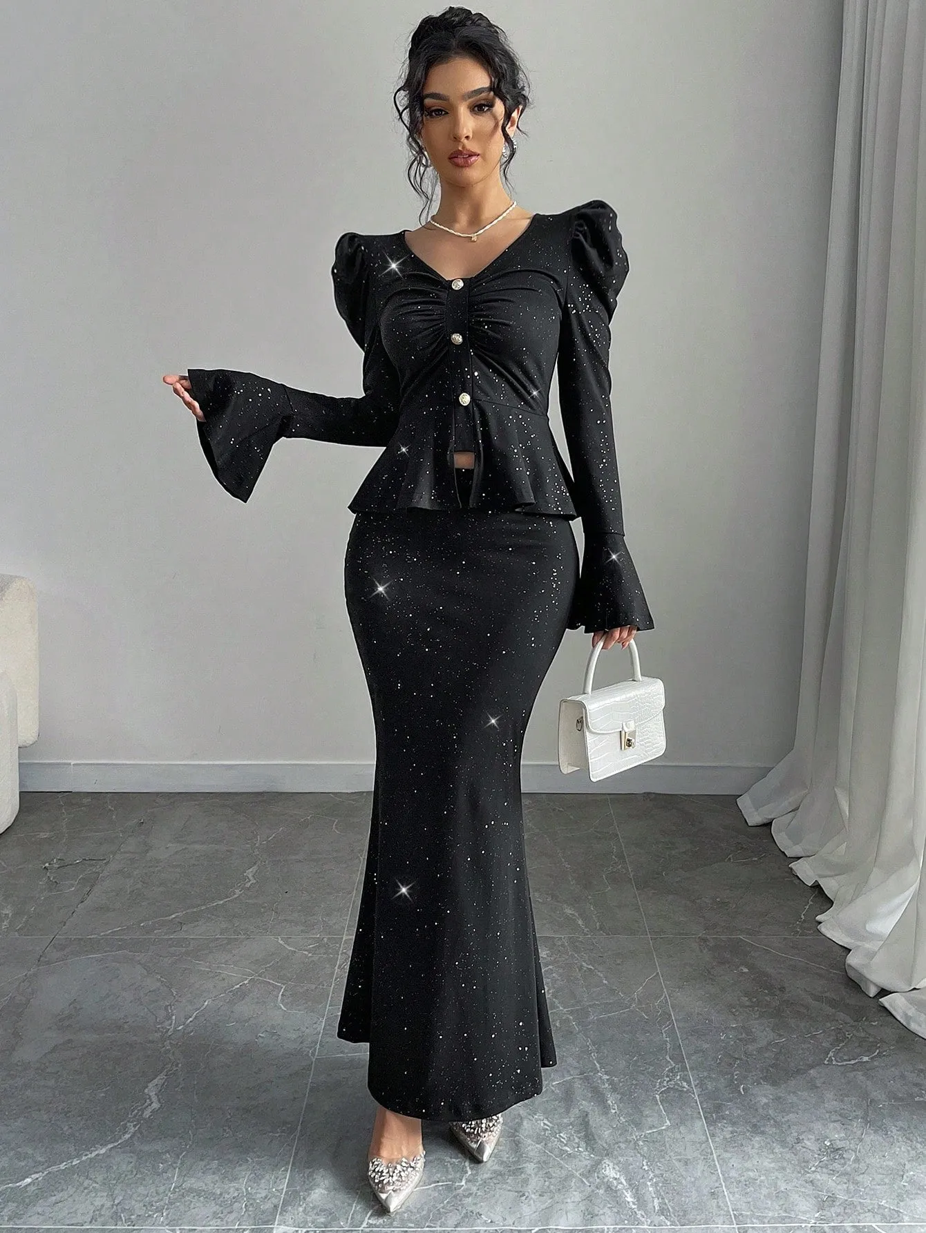 2pcs/Set Women Elegant Glittering V-Neck Ruffle Sleeve Blouse And Wrap Mermaid Skirt