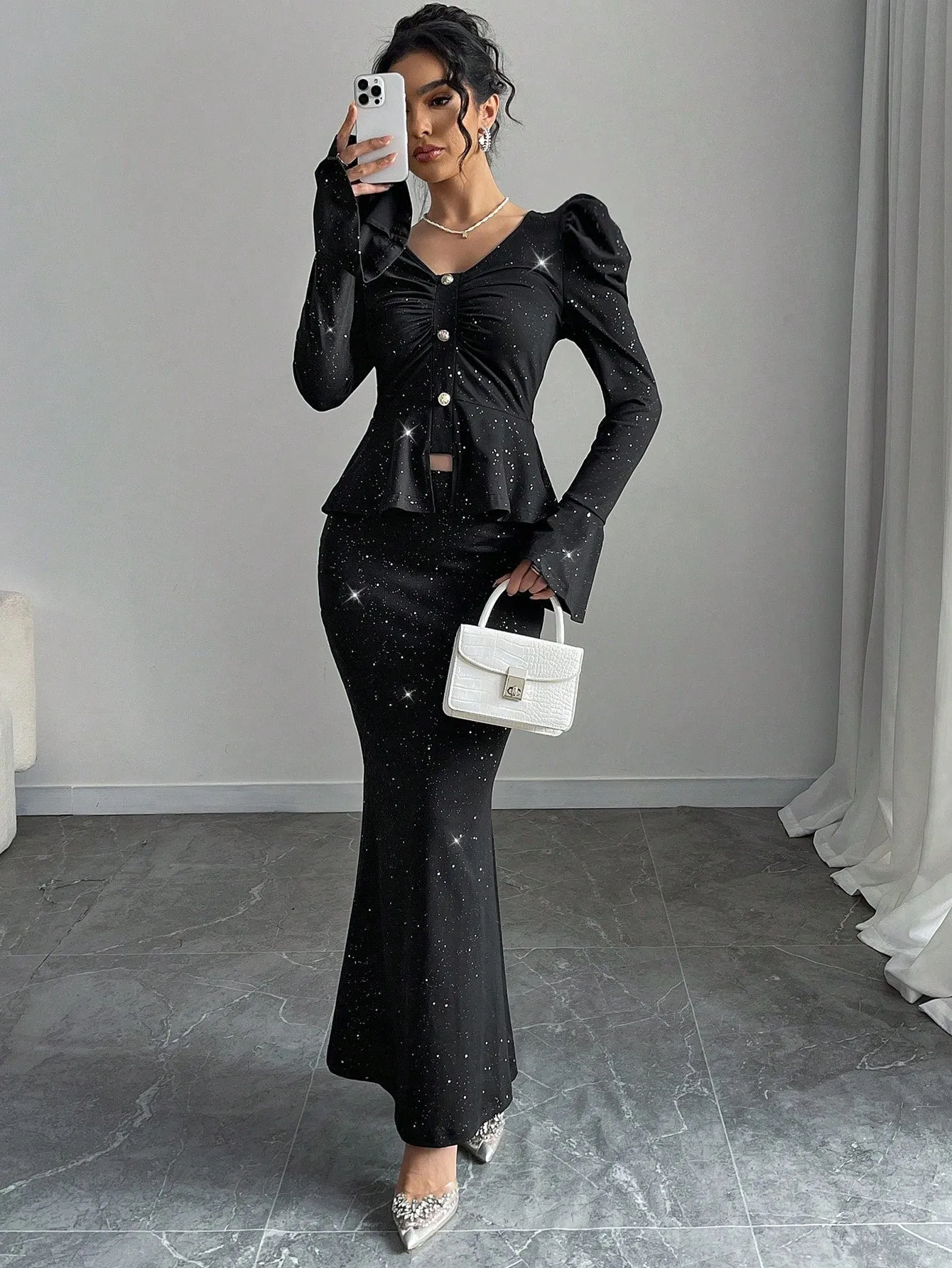 2pcs/Set Women Elegant Glittering V-Neck Ruffle Sleeve Blouse And Wrap Mermaid Skirt