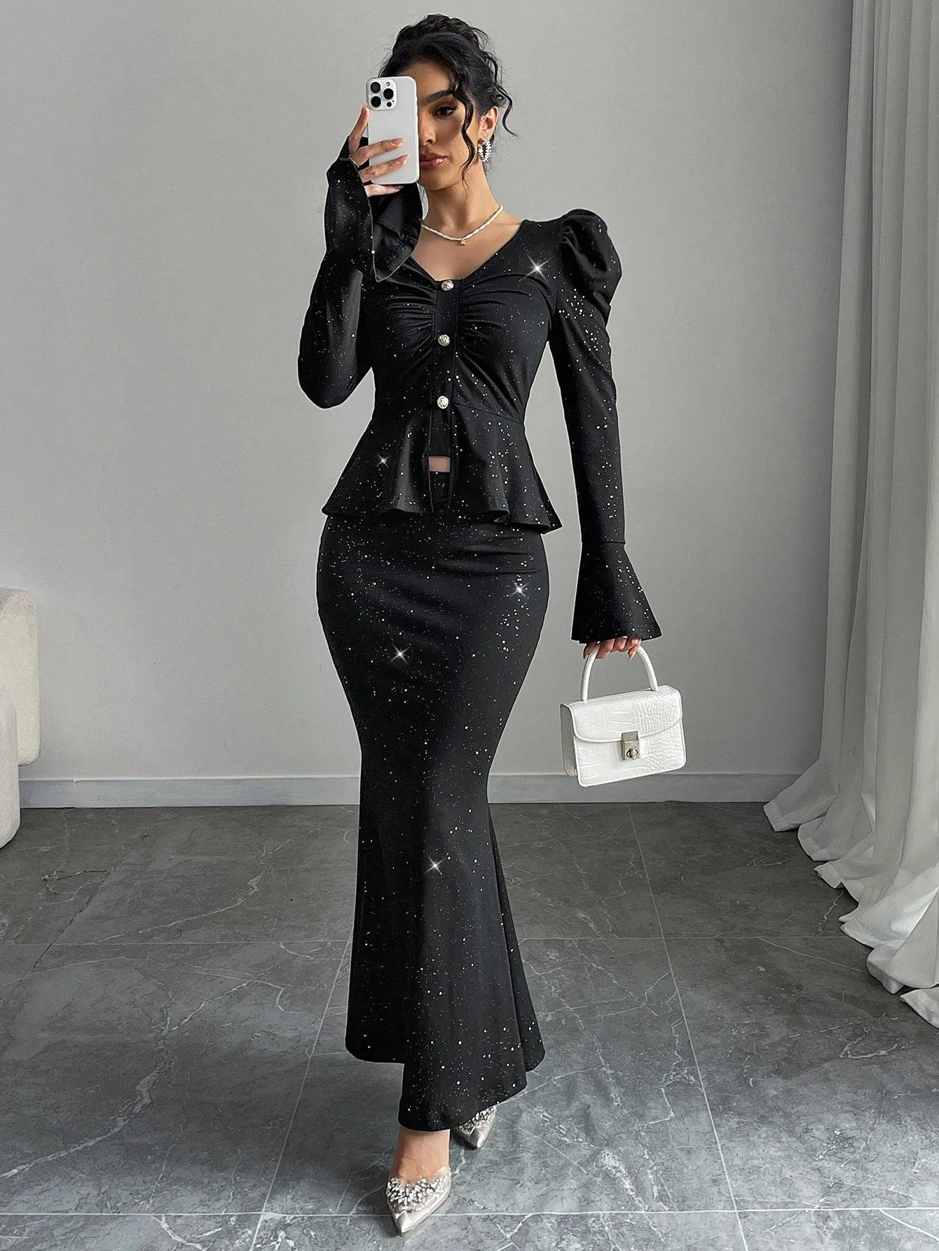 2pcs/Set Women Elegant Glittering V-Neck Ruffle Sleeve Blouse And Wrap Mermaid Skirt