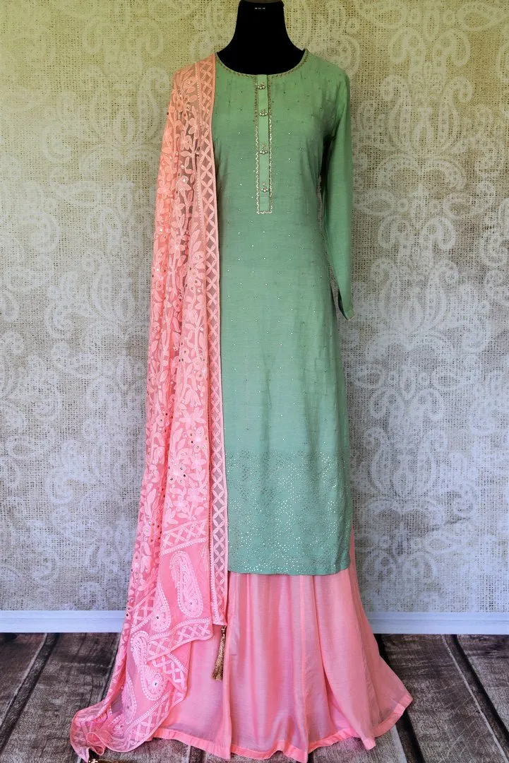 300179 Mint Green Chanderi Silk Kurta with Pink Chikankari Dupatta