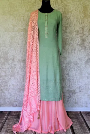 300179 Mint Green Chanderi Silk Kurta with Pink Chikankari Dupatta