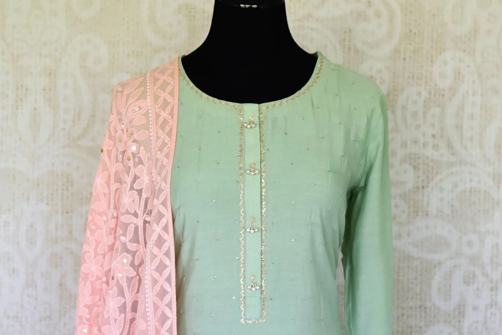 300179 Mint Green Chanderi Silk Kurta with Pink Chikankari Dupatta