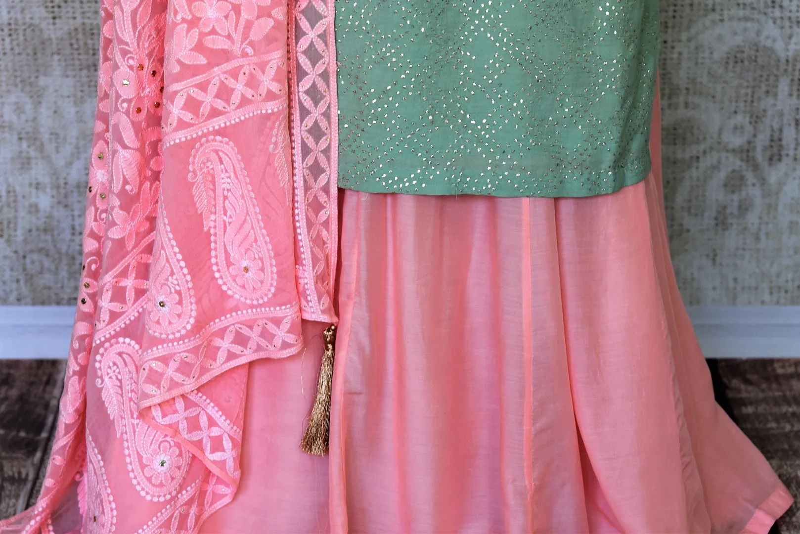 300179 Mint Green Chanderi Silk Kurta with Pink Chikankari Dupatta