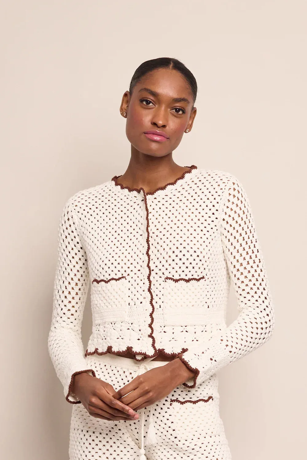 Alma Cardigan in Ivory/Coffee