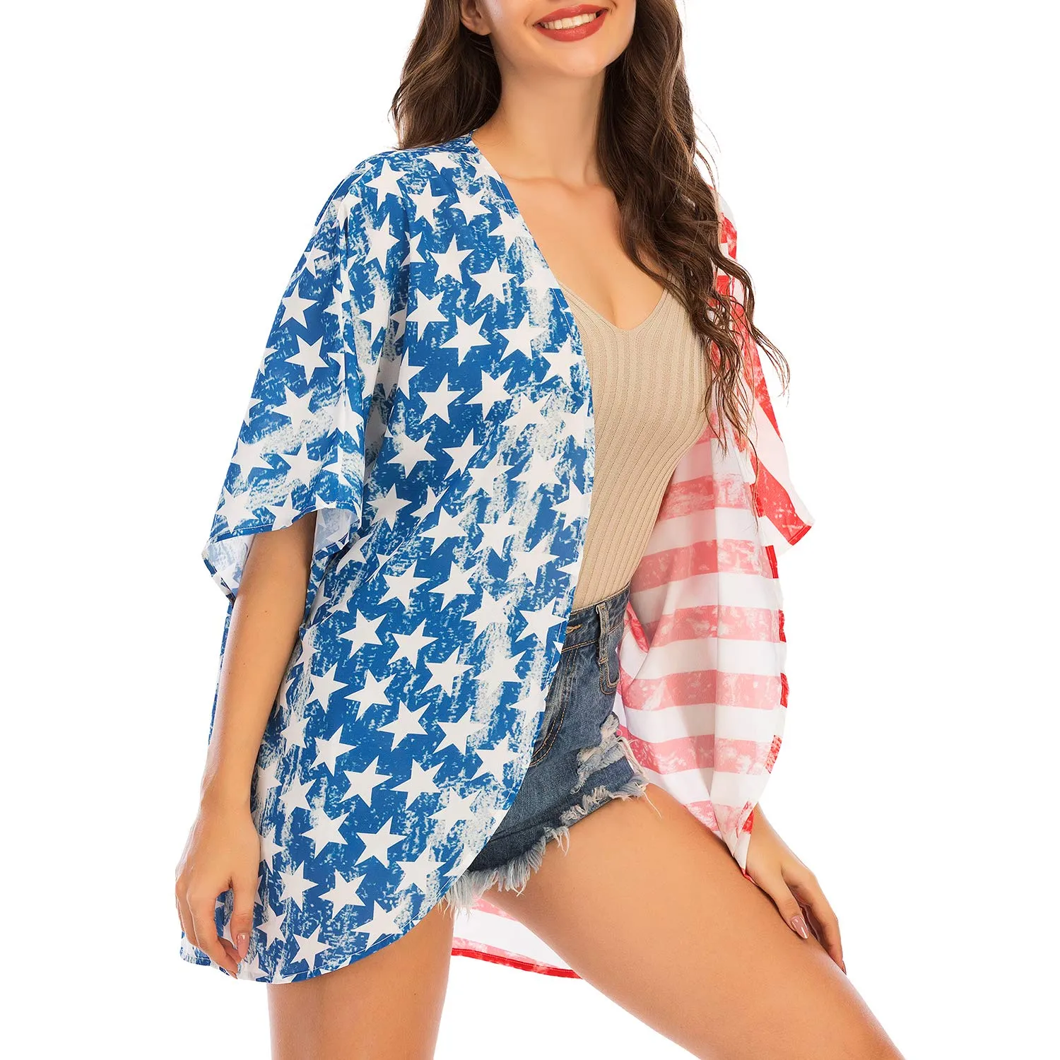 American Flag Print Half Sleeve Casual Cover-up