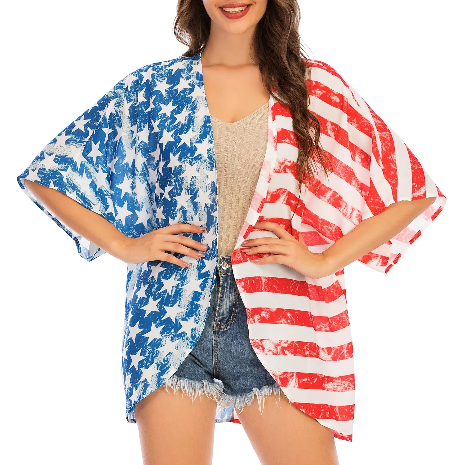 American Flag Print Half Sleeve Casual Cover-up