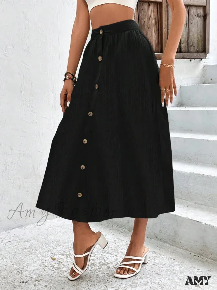 Amy Fashion - High Waist Button Detail Plisse A-line Skirt