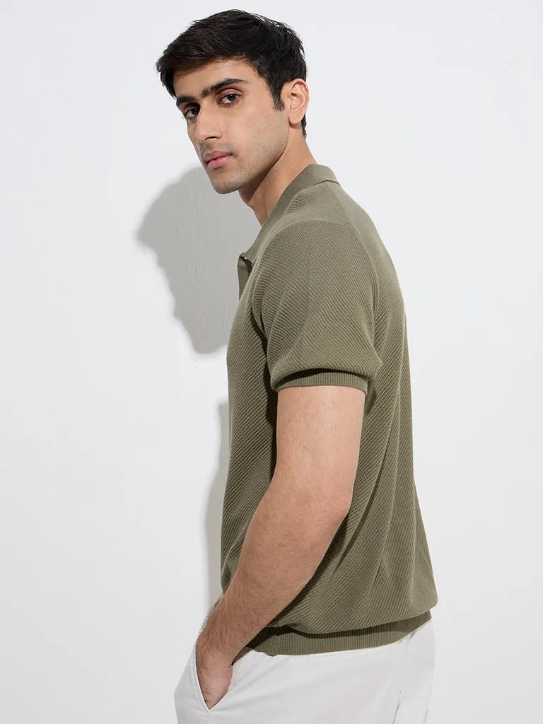 Ascot Olive Knit-Textured Relaxed-Fit Cotton-Blend Shirt