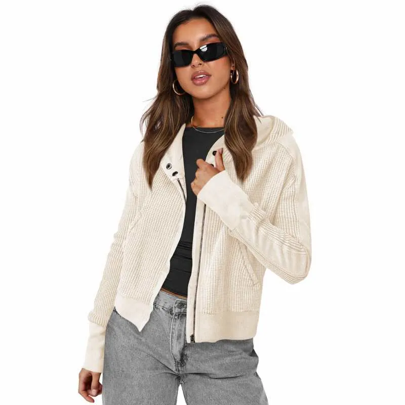 Beige Ribbed Zip Up Hooded Cardigan
