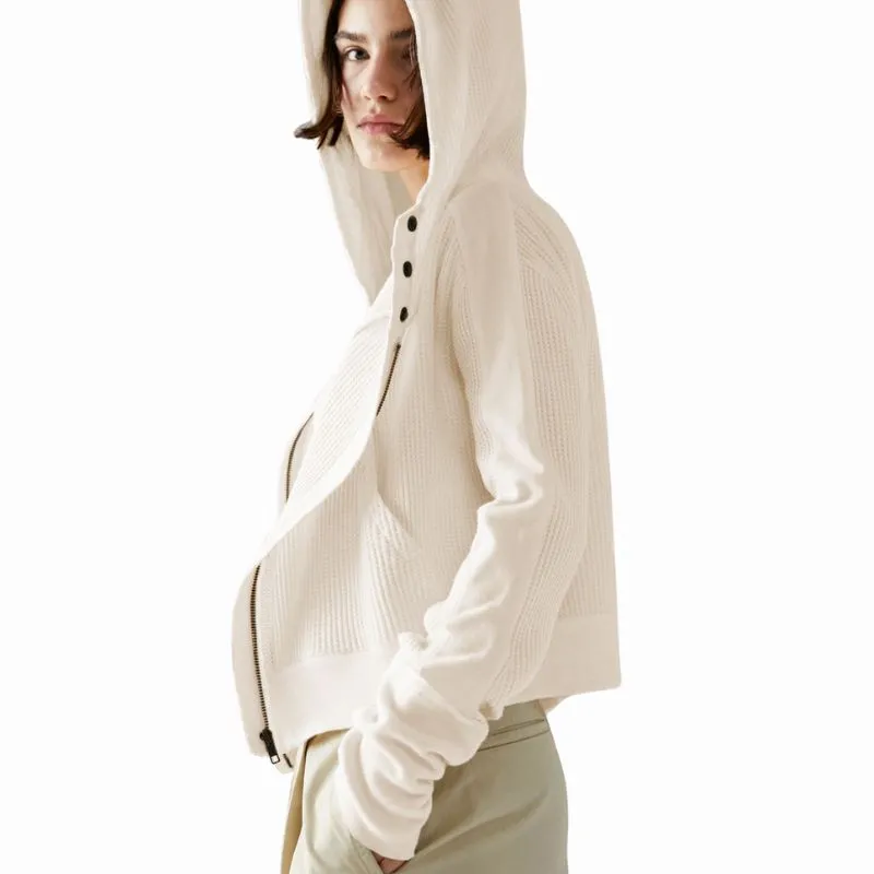 Beige Ribbed Zip Up Hooded Cardigan