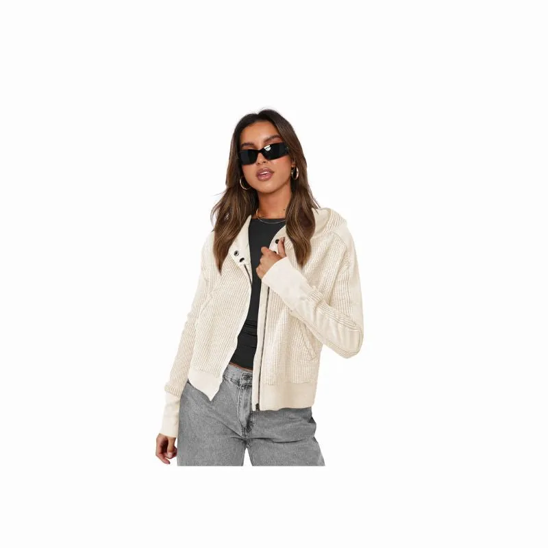 Beige Ribbed Zip Up Hooded Cardigan