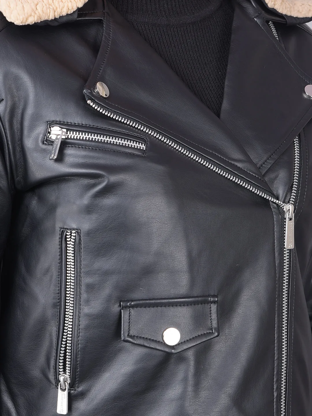 Black Cropped Leather Jacket With Belt