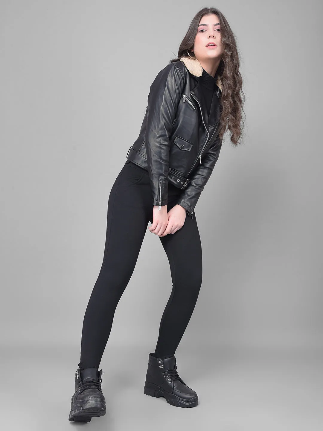 Black Cropped Leather Jacket With Belt
