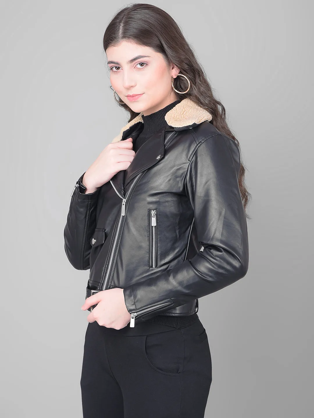 Black Cropped Leather Jacket With Belt