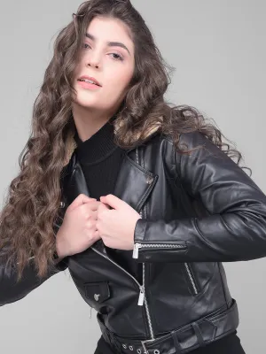 Black Cropped Leather Jacket With Belt