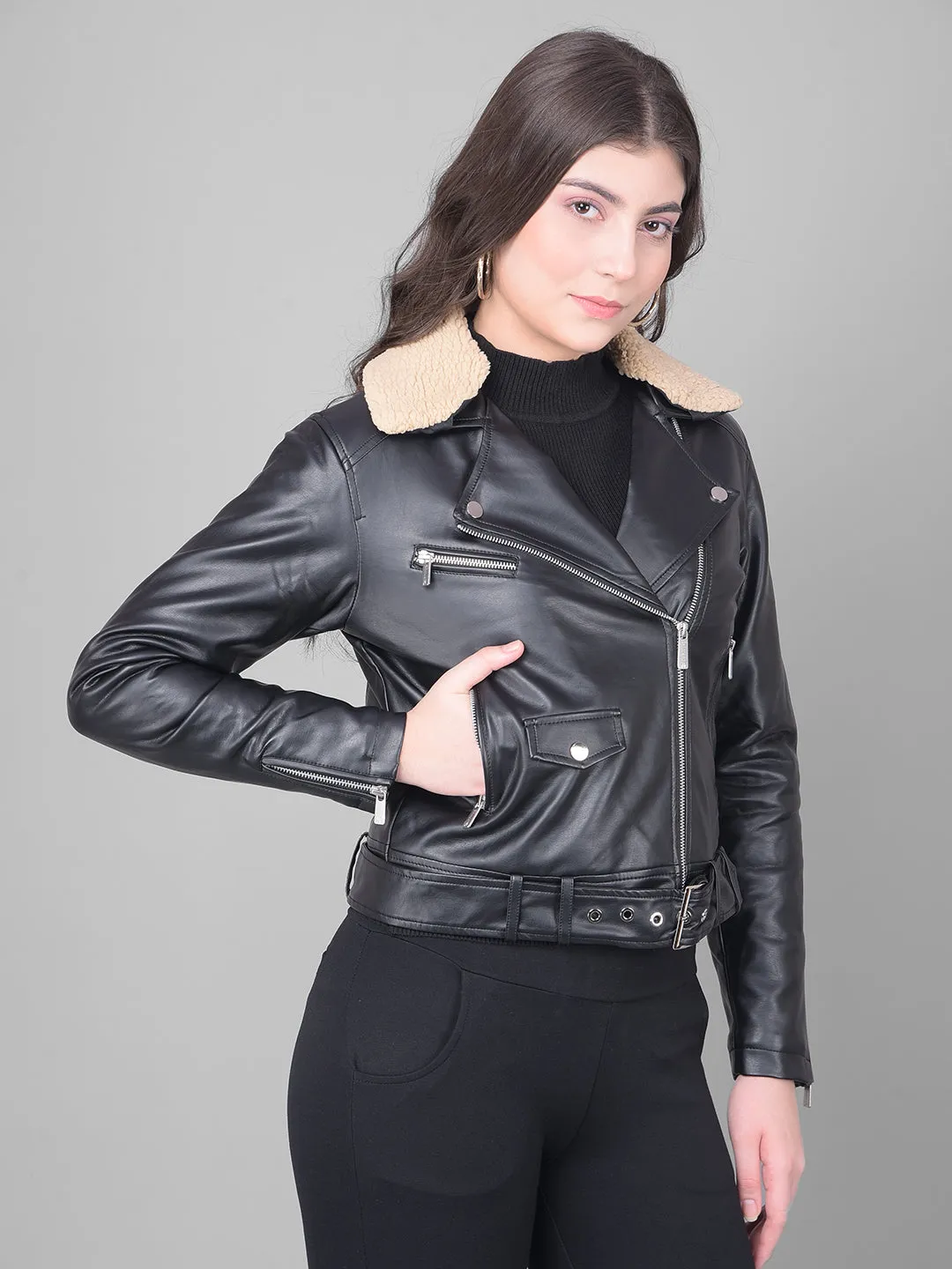 Black Cropped Leather Jacket With Belt