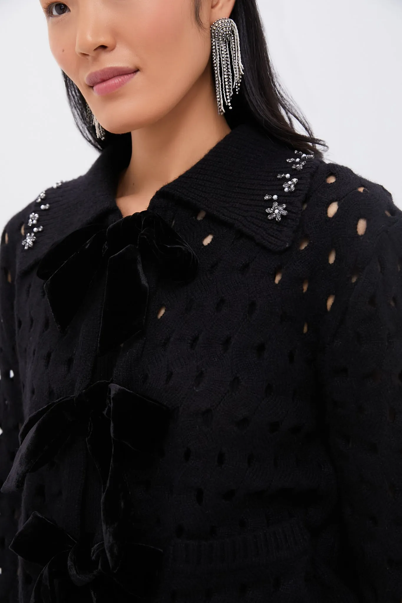 Black Leia Knit Long Sleeve Cardigan with Stones