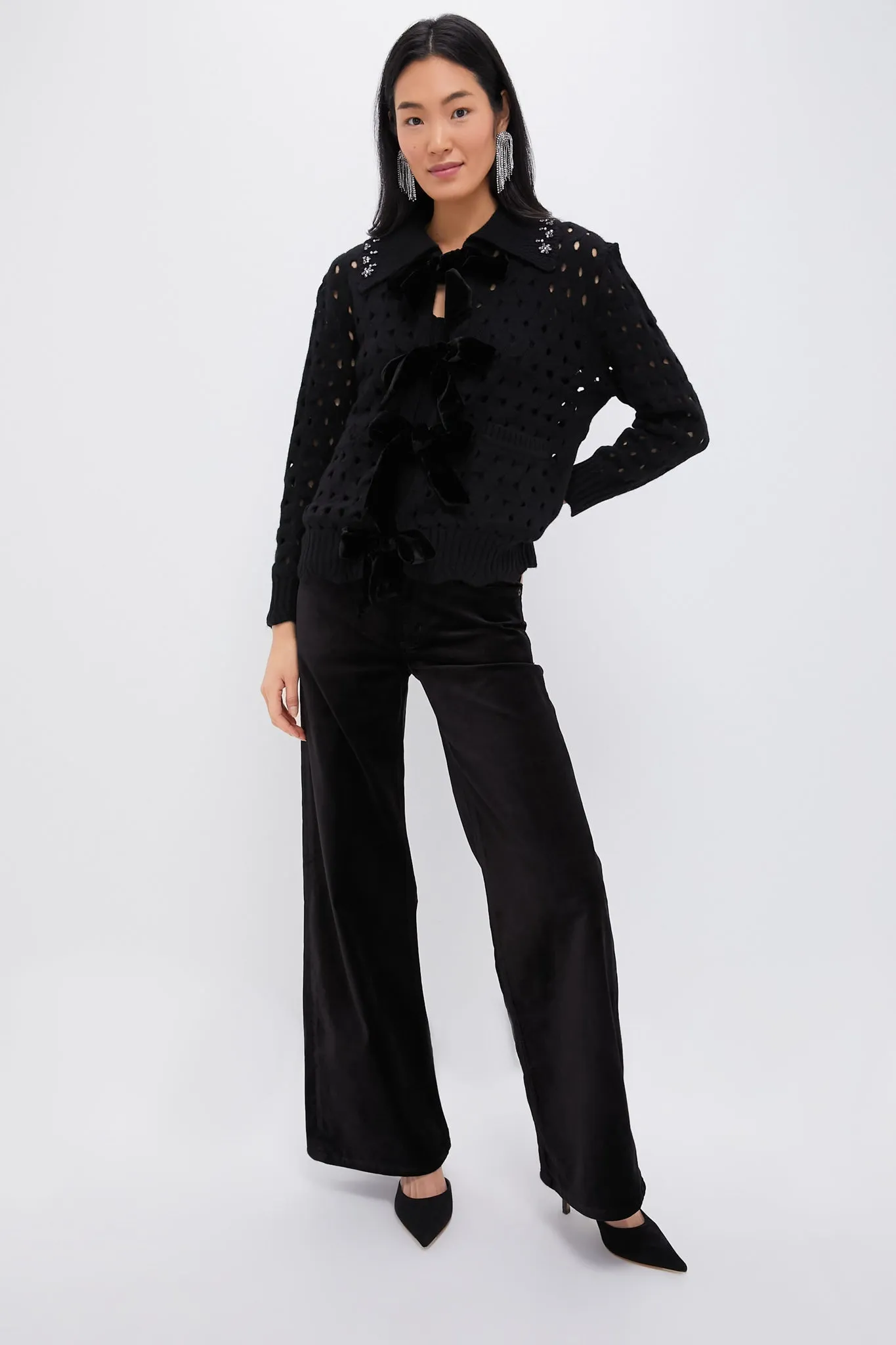 Black Leia Knit Long Sleeve Cardigan with Stones