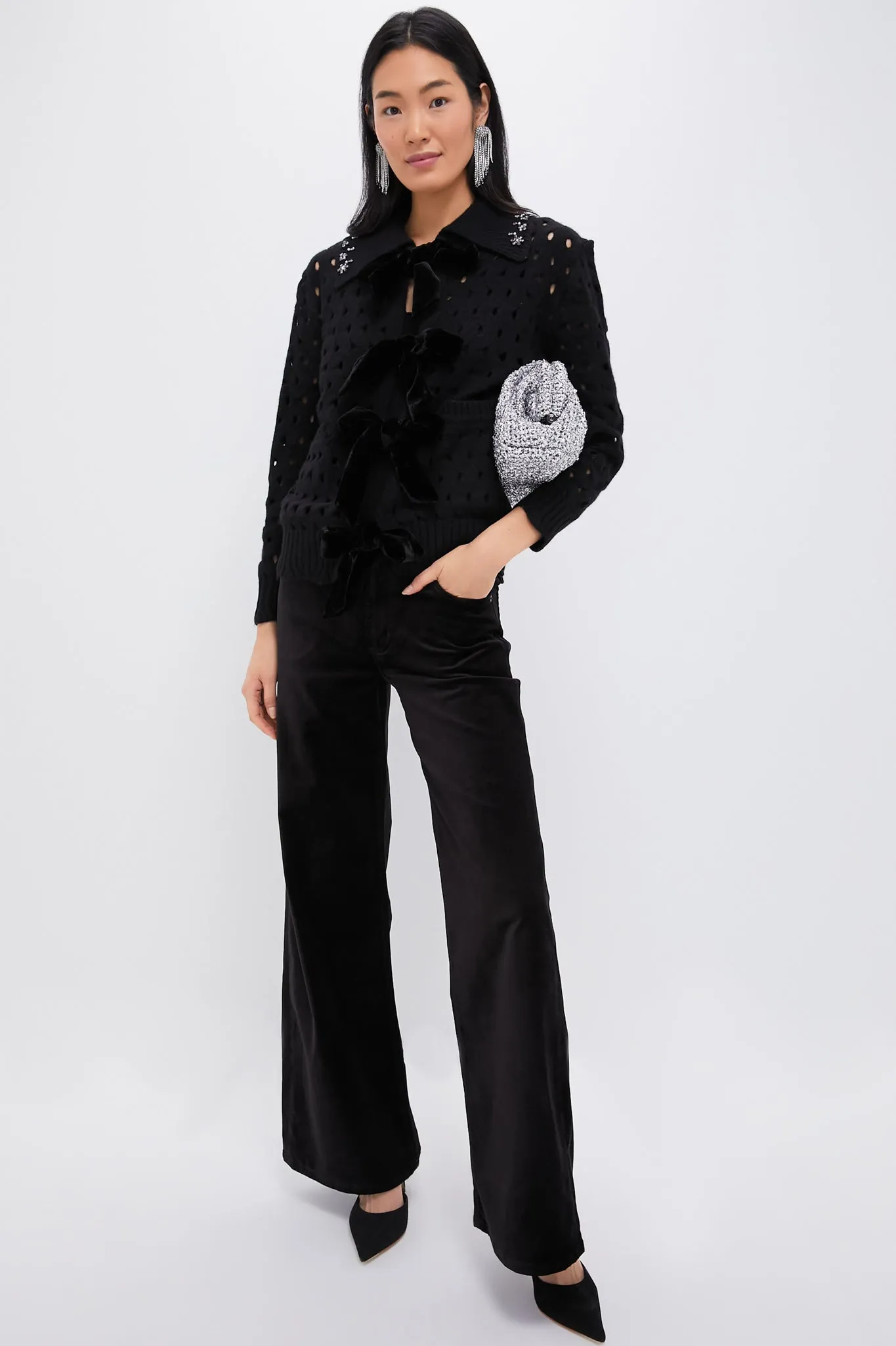 Black Leia Knit Long Sleeve Cardigan with Stones