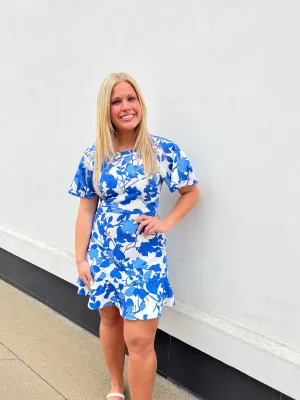 Blue Floral Tier Hem Dress