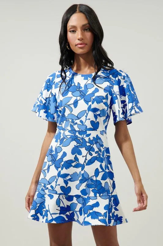Blue Floral Tier Hem Dress