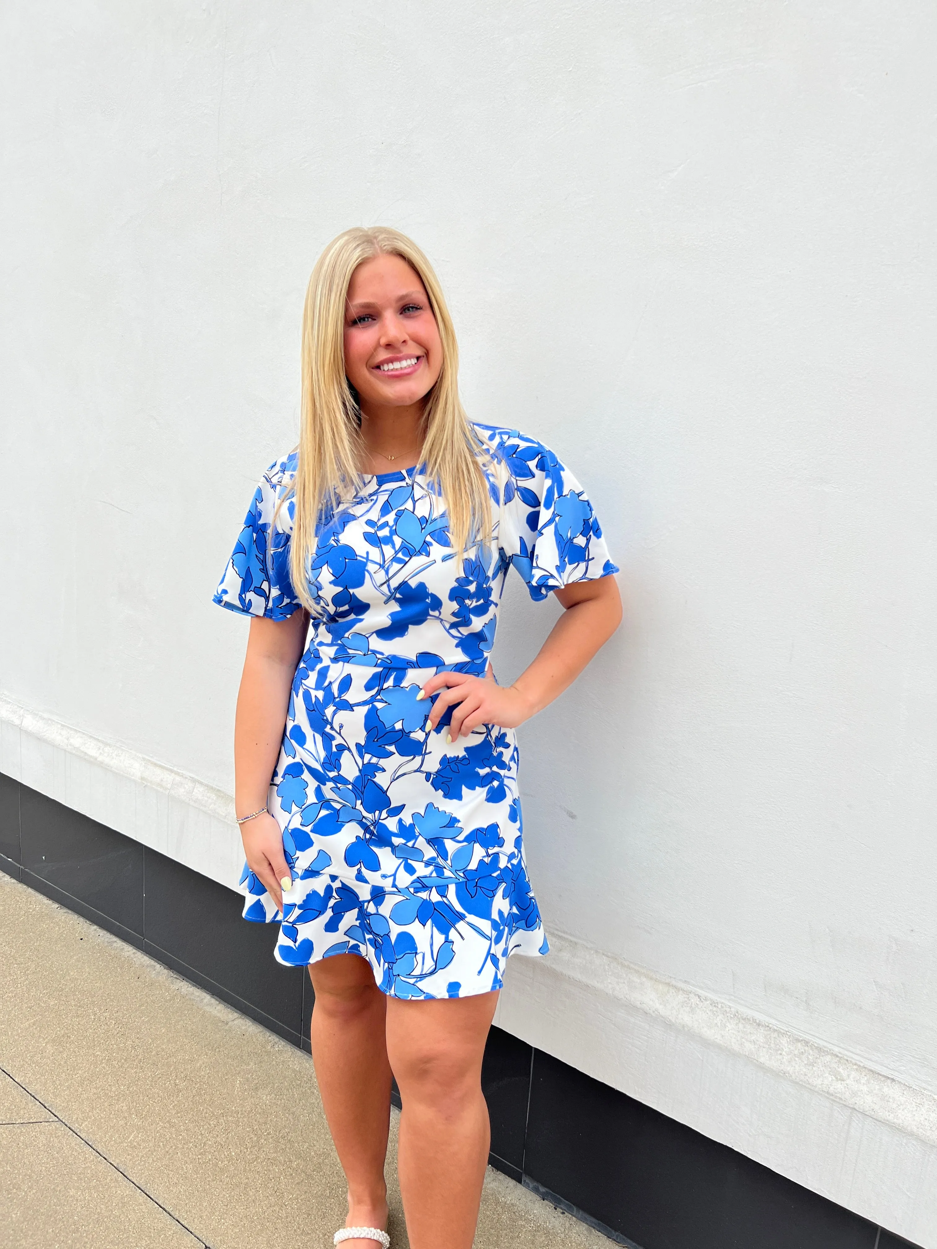 Blue Floral Tier Hem Dress