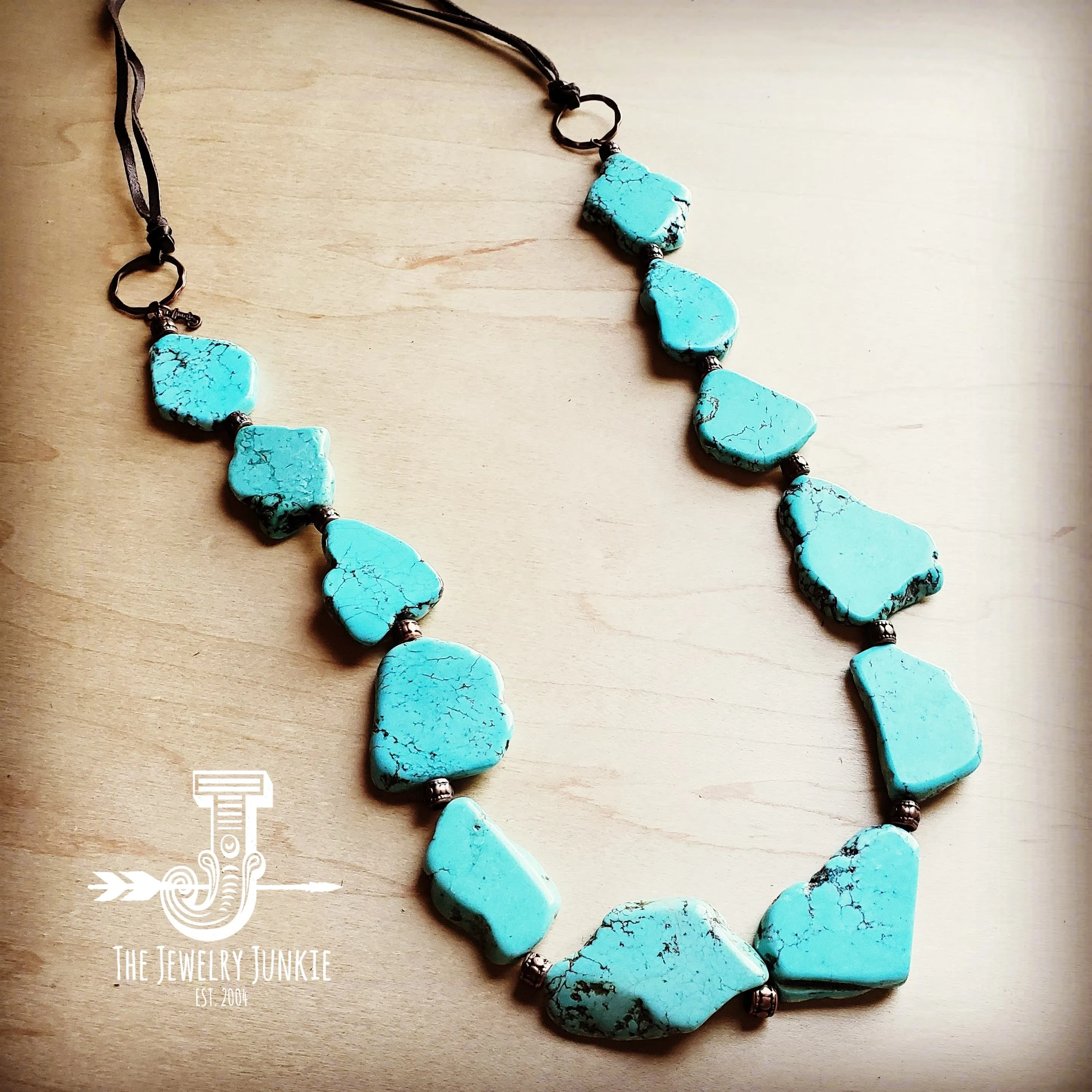 Blue Turquoise Western Slab Necklace with Leather Ties 235X