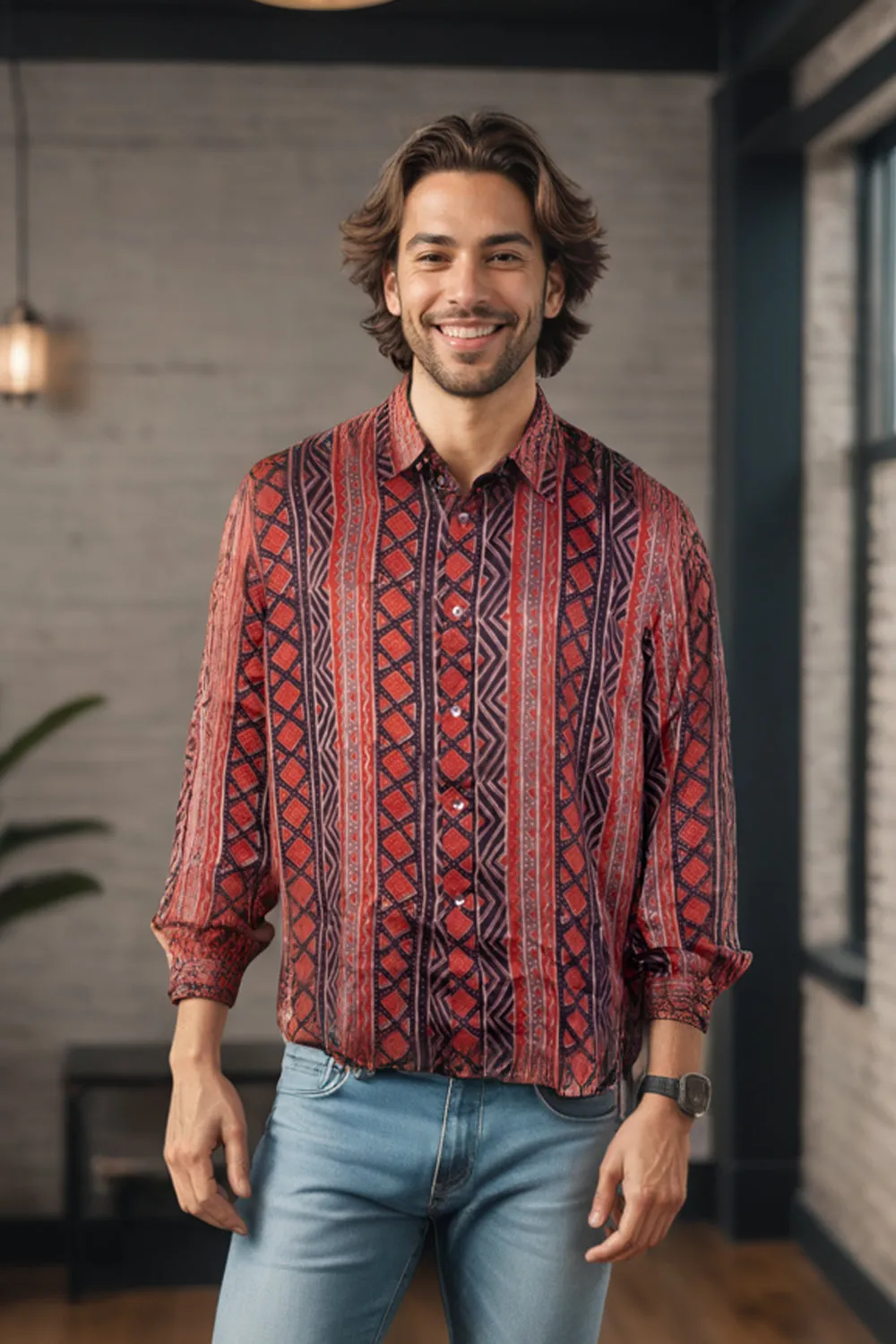 Brown Full Sleeve Jahota Print Modal Silk Mens Shirt 10074380