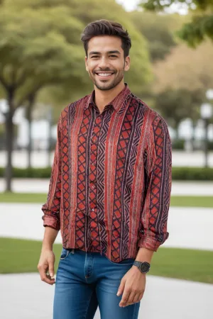 Brown Full Sleeve Jahota Print Modal Silk Mens Shirt 10074380