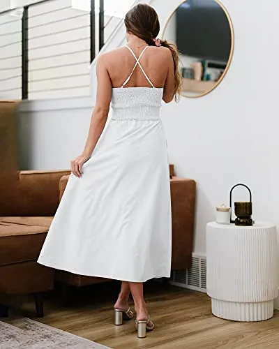 BTFBM Women 2023 Summer Spaghetti Strap Dress Sleeveless V Neck Cutout Slit Casual Beach Party Maxi Dresses with Pockets(Solid White, Large)