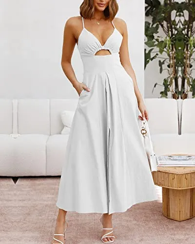 BTFBM Women 2023 Summer Spaghetti Strap Dress Sleeveless V Neck Cutout Slit Casual Beach Party Maxi Dresses with Pockets(Solid White, Large)