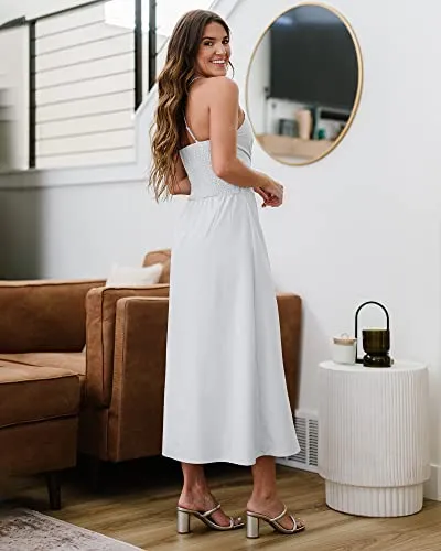 BTFBM Women 2023 Summer Spaghetti Strap Dress Sleeveless V Neck Cutout Slit Casual Beach Party Maxi Dresses with Pockets(Solid White, Large)