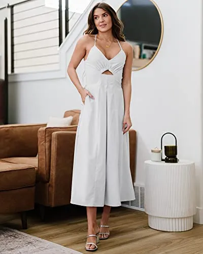 BTFBM Women 2023 Summer Spaghetti Strap Dress Sleeveless V Neck Cutout Slit Casual Beach Party Maxi Dresses with Pockets(Solid White, Large)