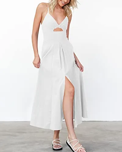 BTFBM Women 2023 Summer Spaghetti Strap Dress Sleeveless V Neck Cutout Slit Casual Beach Party Maxi Dresses with Pockets(Solid White, Large)