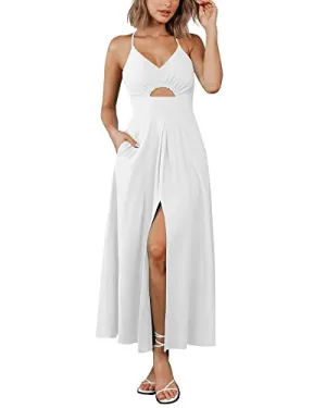 BTFBM Women 2023 Summer Spaghetti Strap Dress Sleeveless V Neck Cutout Slit Casual Beach Party Maxi Dresses with Pockets(Solid White, Large)