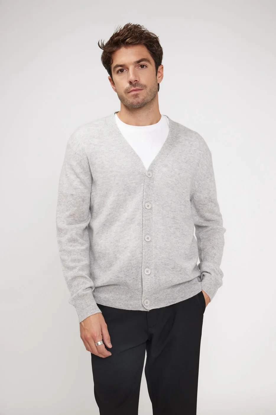 Cardigan Col V Zael - Gris Perle - 100% Cachemire Oeko-Tex - Homme