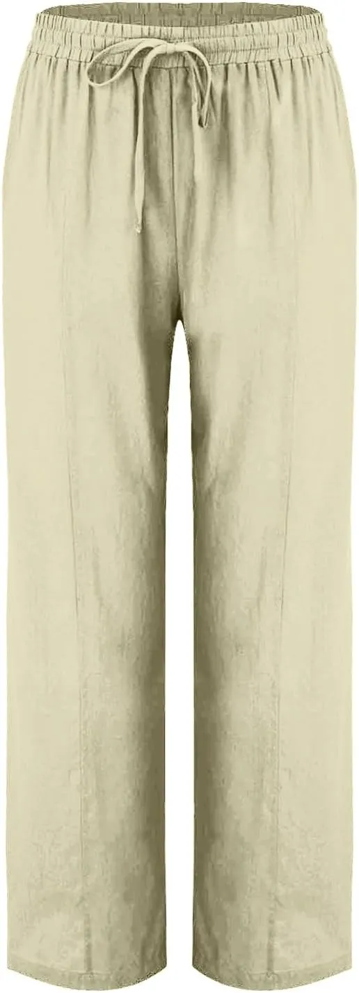 Cotton Linen Pant Women Drawstring High Waisted Dress Pants Straight Leg Jogger Sweatpants Summer Beach Slacks Clothes