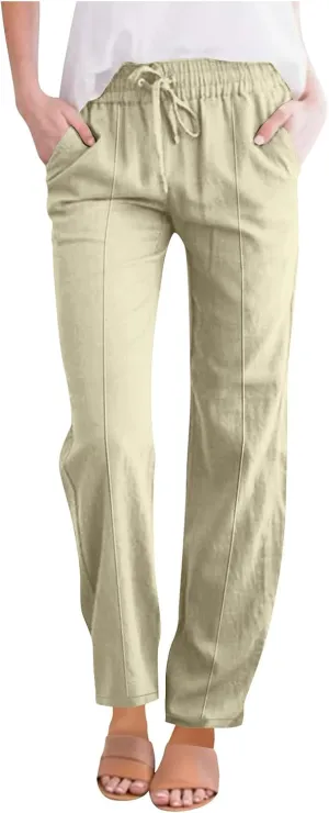 Cotton Linen Pant Women Drawstring High Waisted Dress Pants Straight Leg Jogger Sweatpants Summer Beach Slacks Clothes