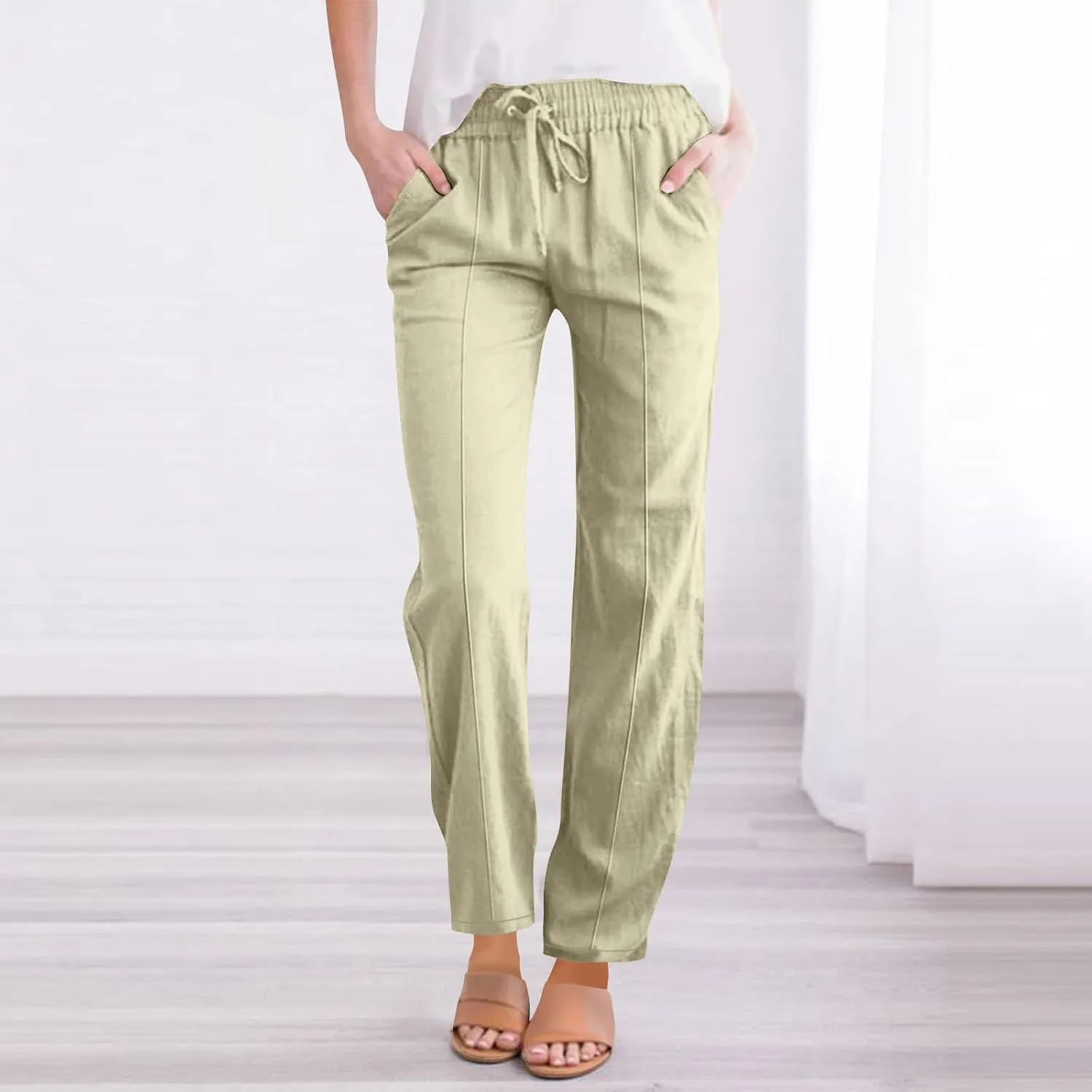 Cotton Linen Pant Women Drawstring High Waisted Dress Pants Straight Leg Jogger Sweatpants Summer Beach Slacks Clothes