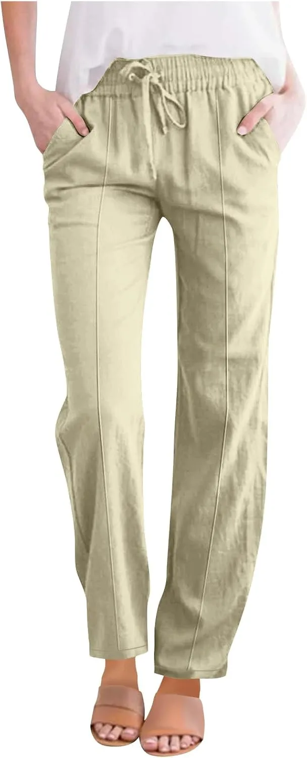 Cotton Linen Pant Women Drawstring High Waisted Dress Pants Straight Leg Jogger Sweatpants Summer Beach Slacks Clothes