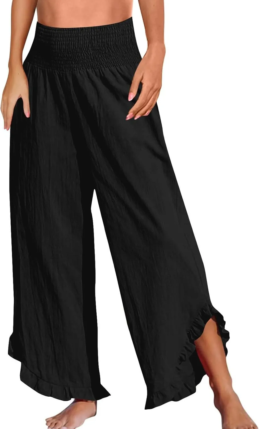 Cotton Linen Pants Women Relaxed Fit Casual Flowy Wide Leg Beach Pants Lightweight Travel Vacation Trousers with Pockets