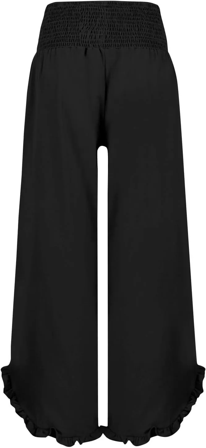 Cotton Linen Pants Women Relaxed Fit Casual Flowy Wide Leg Beach Pants Lightweight Travel Vacation Trousers with Pockets